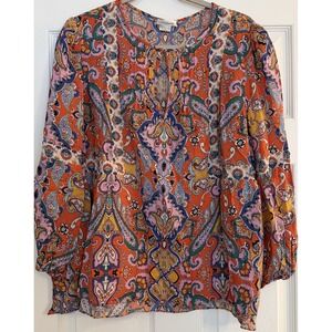 Shoshanna Dow Top Blouse L Paisley Boho Peasant Pintuck Shirt Vibrant Multicolor